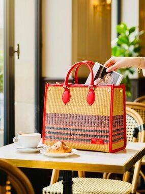 Chiara Ferragni Woven Tote with Red Trim and Multicolor Stripe